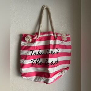 Victoria Secret Tote bag “take me to the beach” pink white striped rope handle